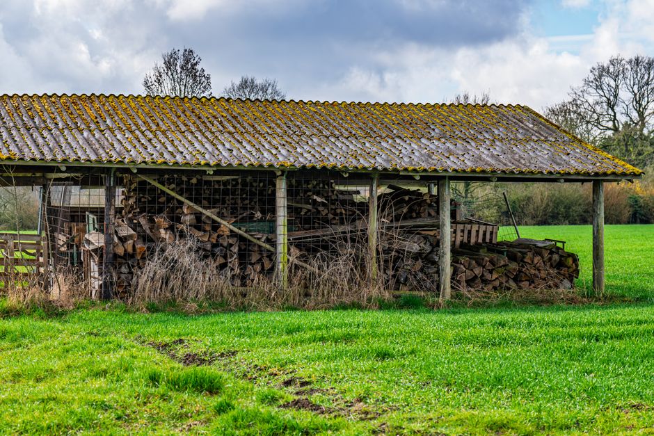 A rustic wooden shed filled with logs in a lush green field under a cloudy sky in Coesfeld