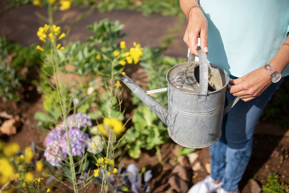 A woman holding a watering can in a vibrant garden setting in Portugal.