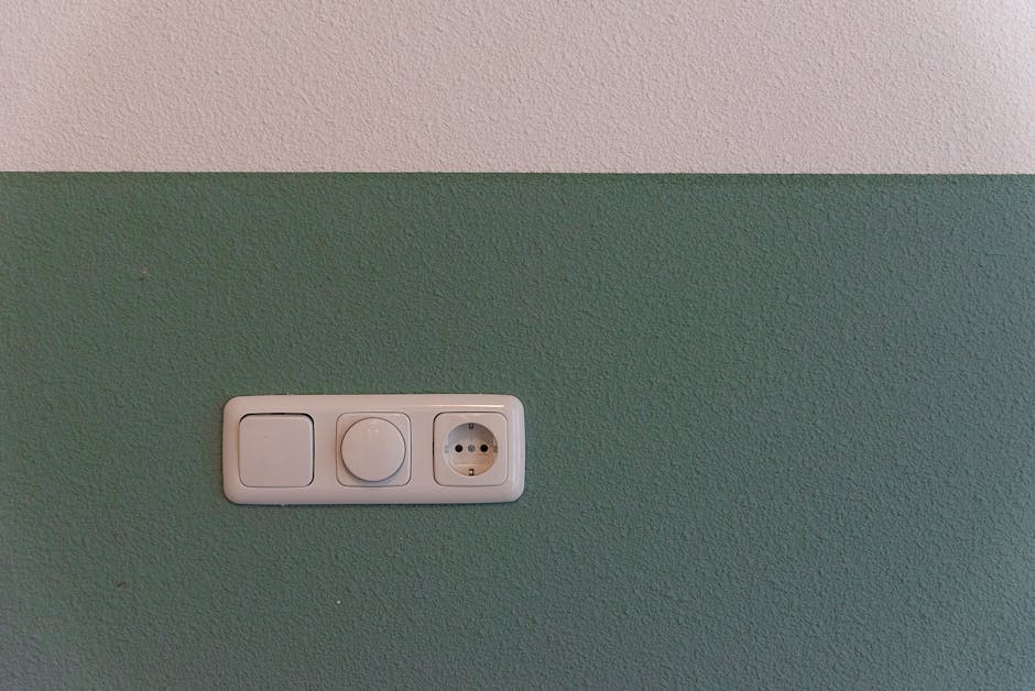 Close-up of a power outlet and switch on a textured green wall indoors.