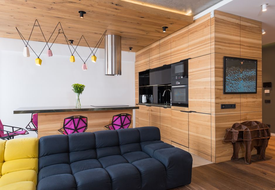 Comfortable sofa placed between modern kitchen equipped with modern appliances and living room in studio apartment