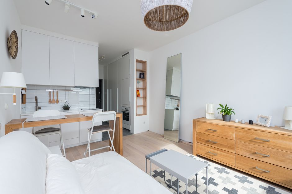 Interior of modern studio apartment with kitchen zone and comfortable sofa placed in font of wooden cabinet